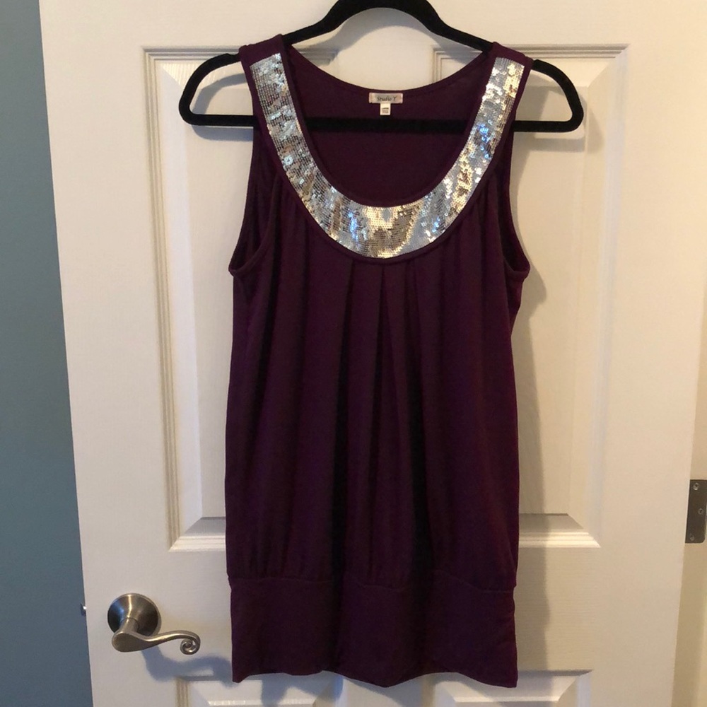 Purple, sequined detail neckline sleeves shirt